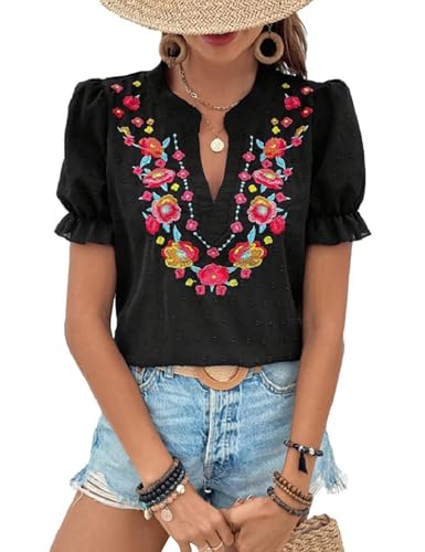 Women's Casual Floral Embroidered V Neck Boho Short Puff Sleeve Shirts Loose Summer Blouses Tops Fashion Clothes 2025