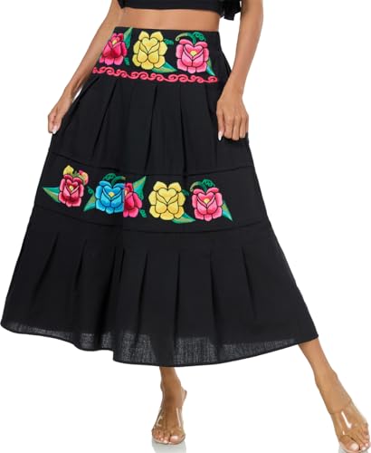 Mexican Skirts for Women Floral Embroidered Maxi Skirt Traditional Dress Fiesta Outfit