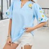Women's Boho Floral Embroidered Blouse Casual V-Neck Puff Short Sleeve Loose Tunic Top for Summer Shirt