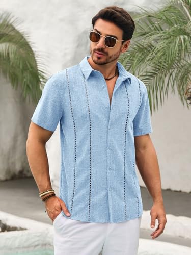 Mens Cuban Guayabera Shirts Short Sleeve Button Down Linen Shirt Mexican Casual Beach Summer Tops