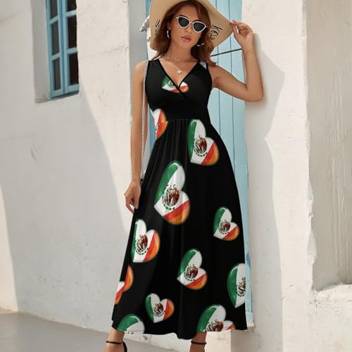 Mexican Flag Heart Womens Casual Sleeveless Dress Maxi Long Beach Dress Sundress