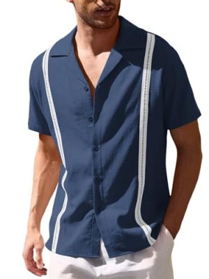 Men's Cuban Guayabera Shirt Short Sleeve Button Down Shirts Casual Summer Beach Linen Shirts