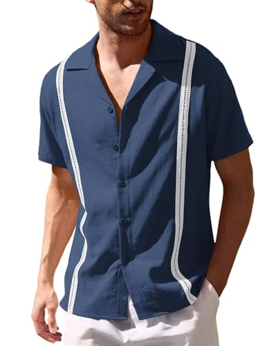 Men's Cuban Guayabera Shirt Short Sleeve Button Down Shirts Casual Summer Beach Linen Shirts