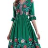 Women's Short Sleeve Mexican Embroidered Floral Pleated Midi A-line Cocktail Dress