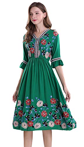 Women's Short Sleeve Mexican Embroidered Floral Pleated Midi A-line Cocktail Dress