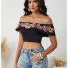 Women's Floral Embroidered Off Shoulder Ruffle Trim Crop Top Blouse Shirt