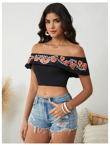 Women's Floral Embroidered Off Shoulder Ruffle Trim Crop Top Blouse Shirt