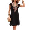 Slim Women’s Mexican Embroidered Dress Fiesta, Ruffle Sleeve Boho Dresses Sleeveless Traditional Floral Sundress
