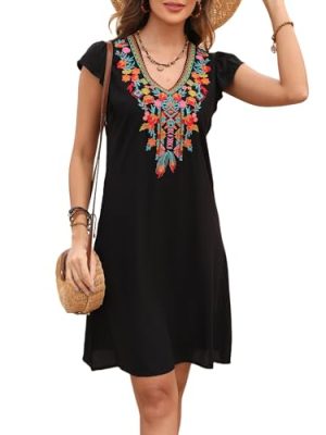Slim Women’s Mexican Embroidered Dress Fiesta, Ruffle Sleeve Boho Dresses Sleeveless Traditional Floral Sundress