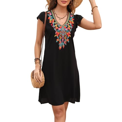 Slim Women’s Mexican Embroidered Dress Fiesta, Ruffle Sleeve Boho Dresses Sleeveless Traditional Floral Sundress