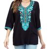 Embroidered Tops for Women 3/4 Sleeve Traditional Mexican Shirts V Neck Boho Floral Peasant Tops Loose Tunic Blouses