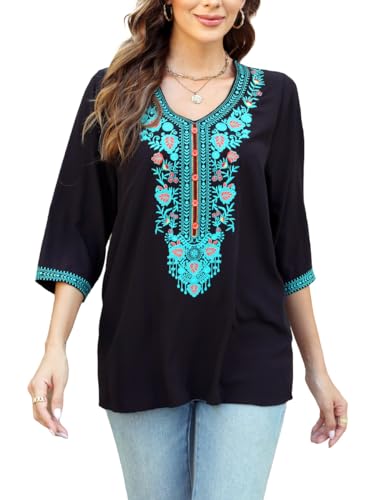 Embroidered Tops for Women 3/4 Sleeve Traditional Mexican Shirts V Neck Boho Floral Peasant Tops Loose Tunic Blouses