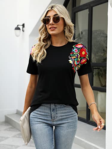 Mexican Shirts for Women Embroidered Tops Traditional Summer Blouse Women's Floral Tunic Round Neck Short Sleeve