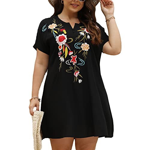 Plus Size Embroidered Dress for Women Mexican Peasant Boho Floral Tradition Fiesta Bohemian Summer Hippie Dresses