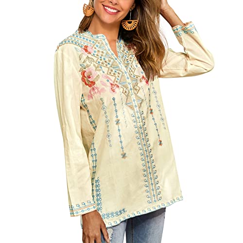 Women's Embroidered Tops Mexican Shirt V Neck Summer Casual Tops Peasant Tunic Loose Blouse
