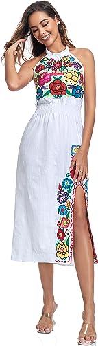 Women's Mexican Floral Embroidered Halter Neck Split Sleeveless Ruffle Party Long Dresses