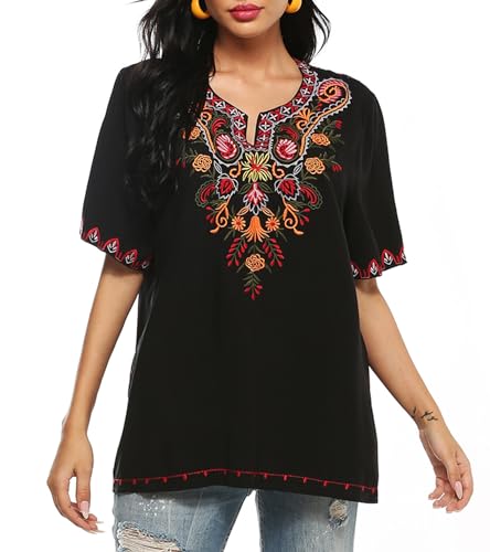 Mexican Embroidered Tops for Women Bohemian Peasant Shirts Boho Tunic Traditional Clothes Floral Fiesta Blouse