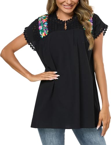 Mexican Shirts for Women Embroidered Tops Peasant Blouse Lace Tops White Short Sleeve Summer Floral V Neck T Shirt