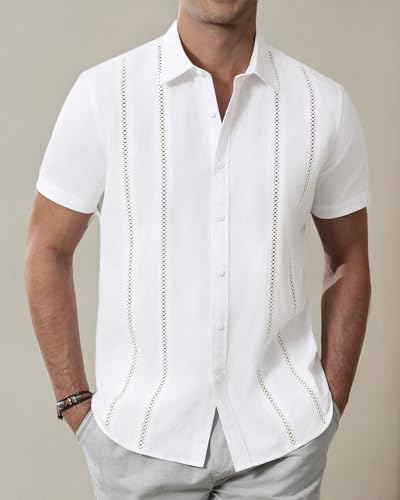 Men's Cuban Guayabera Shirts Cotton Linen Short Sleeve Button Down Shirts Casual Summer Beach Camp Shirt