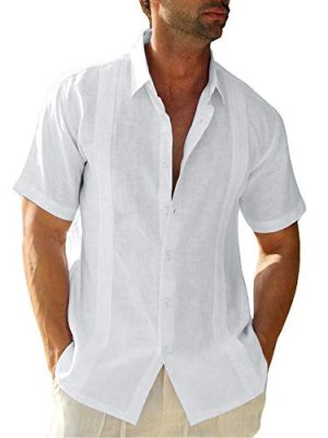 Mens Guayabera Shirts Linen Short Sleeve Button Down Casual Beach Cuban Camp Mexican Shirt for Men Khaki