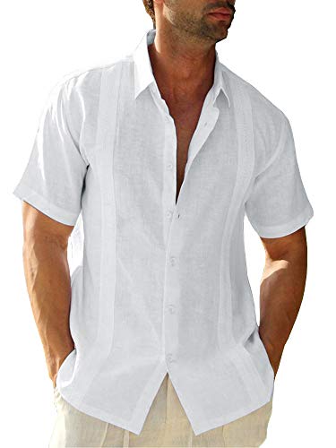 Mens Guayabera Shirts Linen Short Sleeve Button Down Casual Beach Cuban Camp Mexican Shirt for Men Khaki