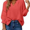 Womens 3/4 Sleeve Tops Pleated Business Casual Outifits V Neck Blouses Office Loose Shirts