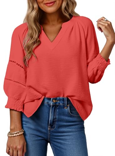 Womens 3/4 Sleeve Tops Pleated Business Casual Outifits V Neck Blouses Office Loose Shirts