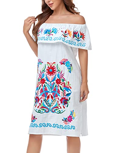 Women Mexican Embroidered Dress Ruffle Collar Sleeveless