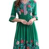 Women's Short Sleeve Mexican Embroidered Floral Pleated Midi A-line Cocktail Dress