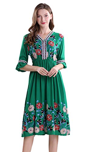 Women's Short Sleeve Mexican Embroidered Floral Pleated Midi A-line Cocktail Dress