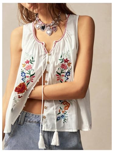 Women's Floral Embroidered Tops Y2K Sleeveless Scoop Neck Button Down Tank Top