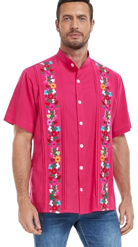 Men's Mexican Cuban Shirt Embroidered Traditional Button Down Shirt Summer Band Collar Short Sleeve Tops