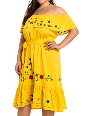 851 - Plus Size Embroidered Off Shoulder Mexican Hawaii Floral Summer Sun Dress