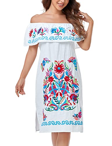 Women Mexican Embroidered Dress Ruffle Collar Sleeveless
