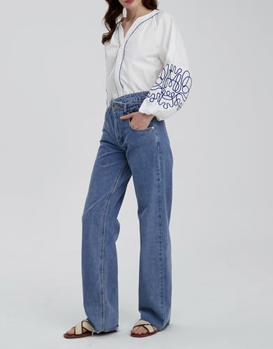 Women's Casual Floral Embroidered V Neck Blouses Boho Long Balloon Sleeve Mexican Shirts Loose Summer Fall Tops 2025