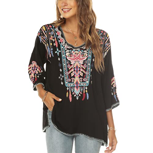 Women Mexican Embroidered Shirt for Women Bohemian Style Top Blouse 3/4 Sleeve Summer Casual Tunics