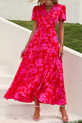 Women's Summer Maxi Dress Casual Wrap Floral Boho Short Sleeve V Neck Split Ruffle Beach Long Dresses