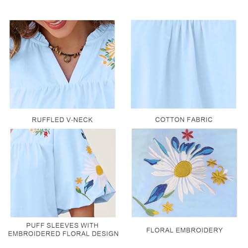 Women's Boho Floral Embroidered Blouse Casual V-Neck Puff Short Sleeve Loose Tunic Top for Summer Shirt