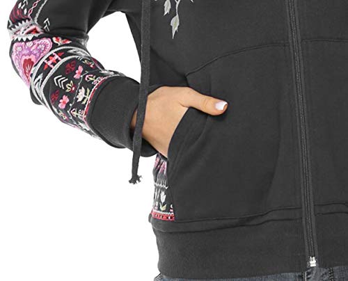 Women's Full Zip Long Sleeve Embroidered Sweatshirt Floral Boho Embroidered Mexican Hoodie Fall Winter Coat Tops Jackets