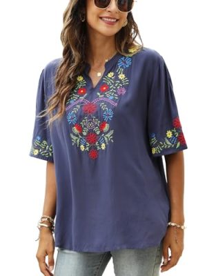 Women's Mexican Embroidered Tops Boho Floral Peasant Shirt Bohemian Traditional Clothes Fiesta Tunic Blouse