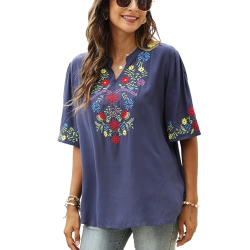 Women's Mexican Embroidered Tops Boho Floral Peasant Shirt Bohemian Traditional Clothes Fiesta Tunic Blouse