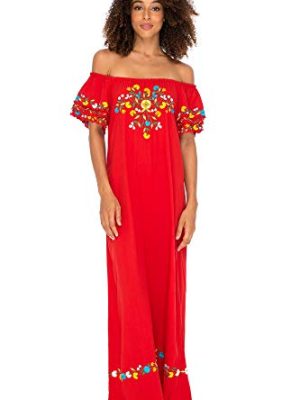 Womens Off Shoulder Long Mexican Embroidered Dress Maxi Boho Floral Summer Peasant Dress