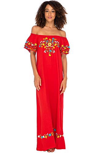 Womens Off Shoulder Long Mexican Embroidered Dress Maxi Boho Floral Summer Peasant Dress