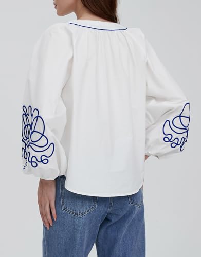 Women's Casual Floral Embroidered V Neck Blouses Boho Long Balloon Sleeve Mexican Shirts Loose Summer Fall Tops 2025
