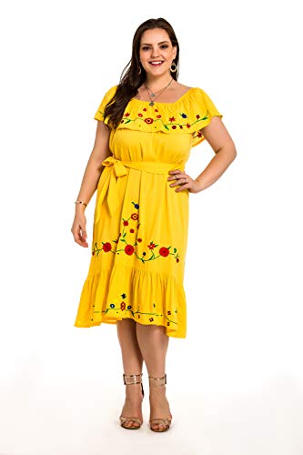 851 - Plus Size Embroidered Off Shoulder Mexican Hawaii Floral Summer Sun Dress