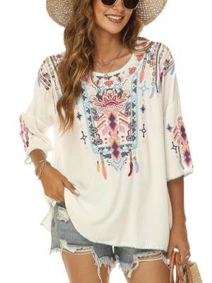 Mexican Embroidered Tops for Women Traditional Boho Tunics Bohemian Shirts Plus Size Peasant Clothes Blouses