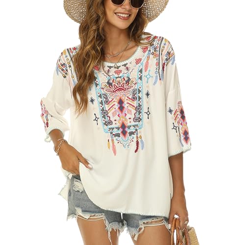 Mexican Embroidered Tops for Women Traditional Boho Tunics Bohemian Shirts Plus Size Peasant Clothes Blouses