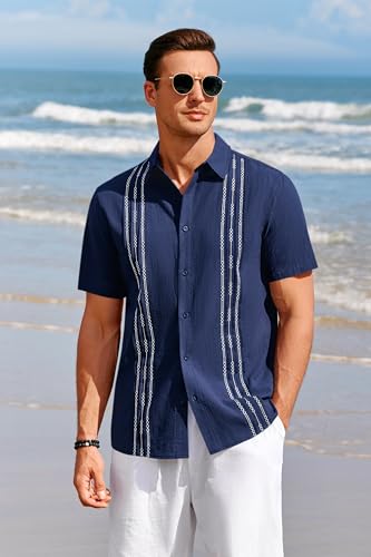 Mens Short Sleeve Guayabera Shirts Linen Cotton Button Down Mexican Embroidered Cuban Wedding Shirt Summer Beach Tops