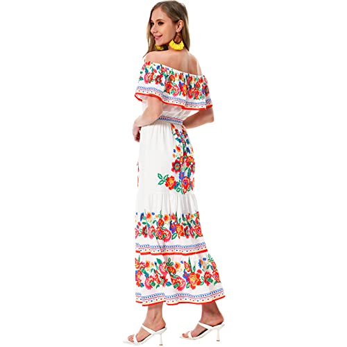 Mexican Dress for Women Off Shoulder Floral Print Maxi Dress Summer Party Casual Sundress Dresses