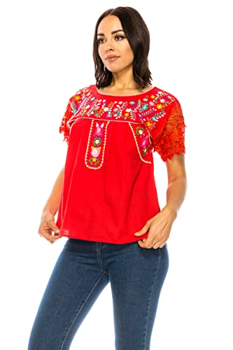Women Traditional Puebla Mexican Embroidered Blouse